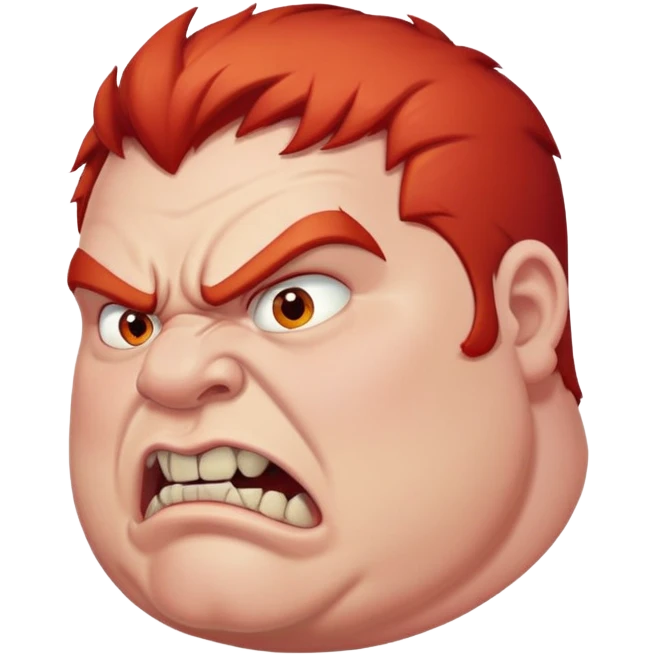 young angry fat man in profile view with red hair and fangs emoji