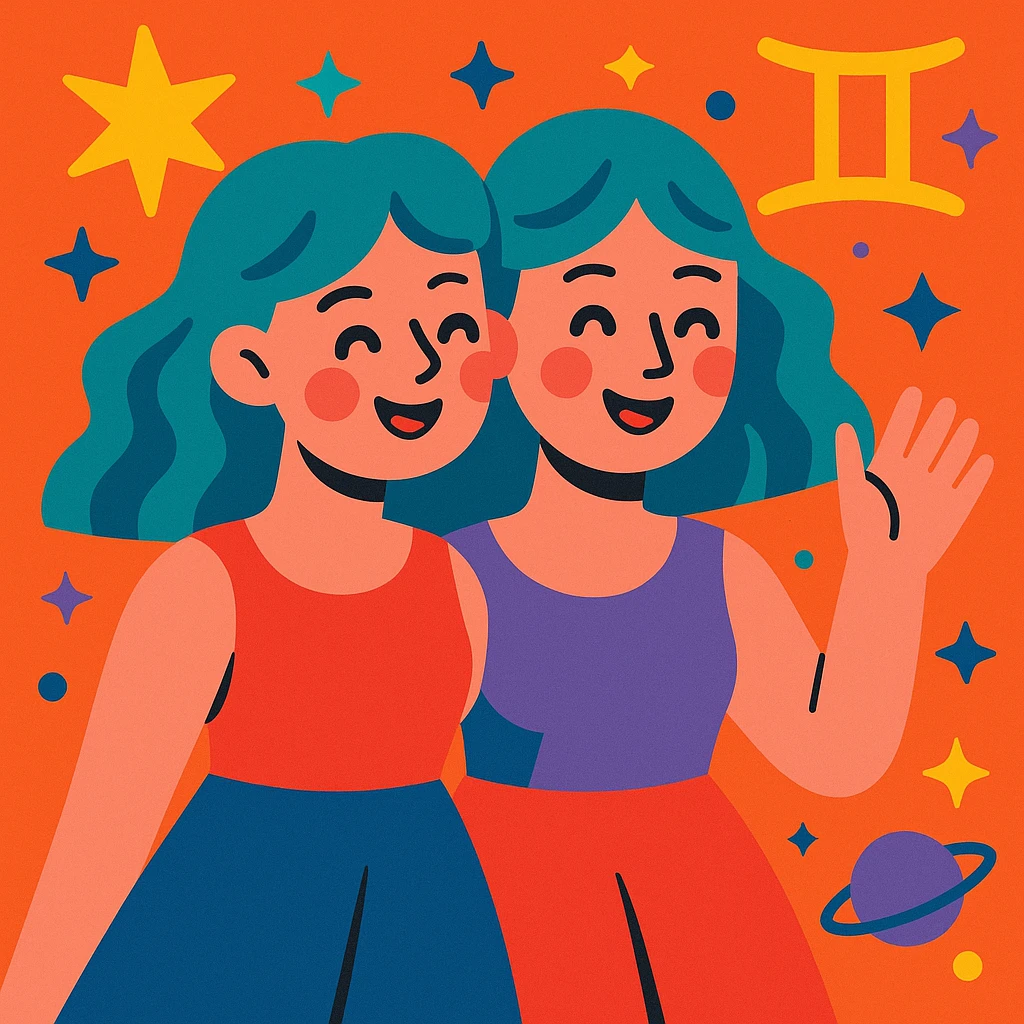 gemini girl, vibrant, playful, zodiac theme, modern illustration emoji