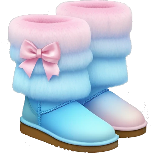 Realistic pair of pastel pink to pastel blue ombre fur Ugg boots with silk ribbon bows. emoji
