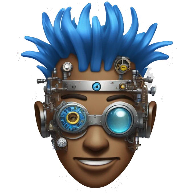 Brown cyborg head with blue Mohawk, blue beard, silver steampunk monocle goggles a smile and circuits emoji
