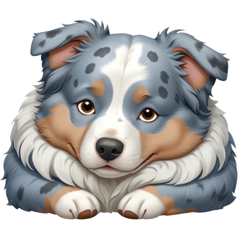 Cinematic Chubby Sleeping Blue Merle Australian Shepherd Portrait Emoji, Chubby and serene, with a round, adorable build and a soft blue merle coat accented by crisp white patches, eyes gently closed in peaceful slumber, Simplified yet irresistibly endearing features, highly detailed, glowing with a gentle, dreamy glow, high shine, relaxed and content, stylized with a touch of whimsy, bright and heartwarming, soft glowing outline, capturing the essence of a blissfully sleepy herder, so comically serene it feels like it could roll out of the screen and snore with adorable charm! emoji