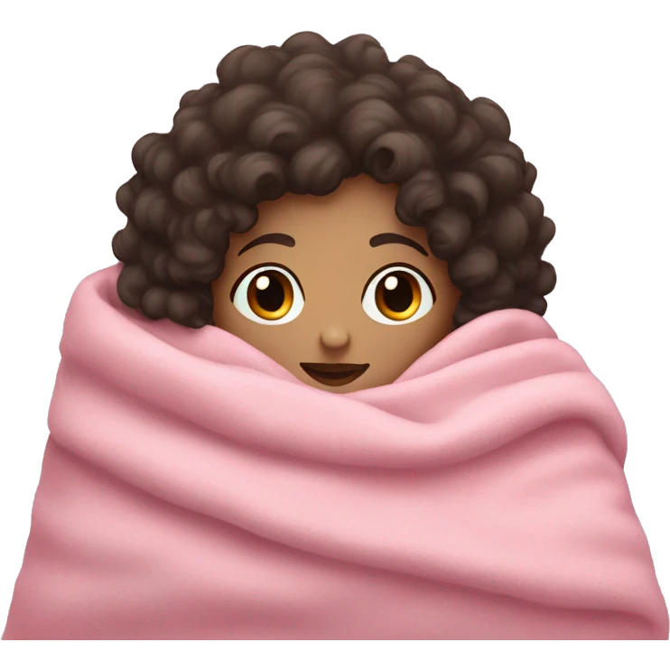 girl with curly dark hair and pale skin cuddled in a pink blanket emoji