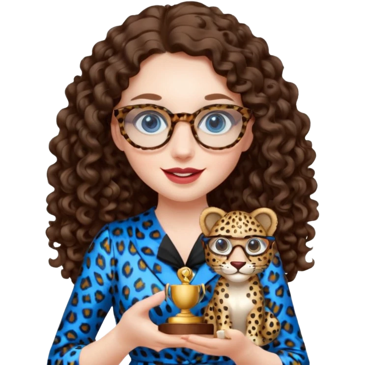 A girl with white pale skin, blue eyes, full lips, brunette LONG curly hair. She has a leopard print round-ish shaped glasses. She is wearing a white plain silk dress. She is holding an award and happy emoji