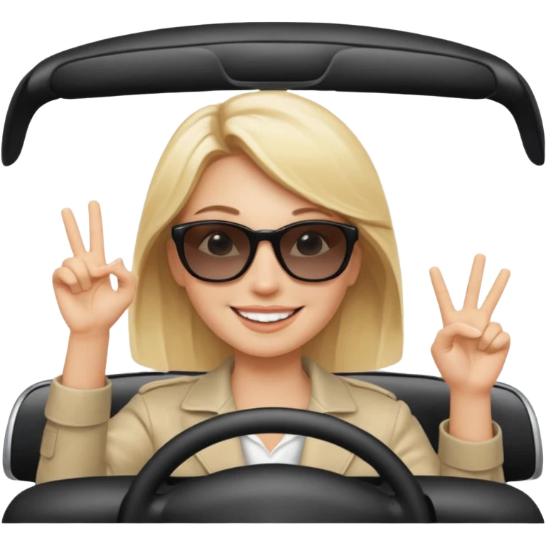 blonde woman driving car. one hand up Happy face confidence emoji