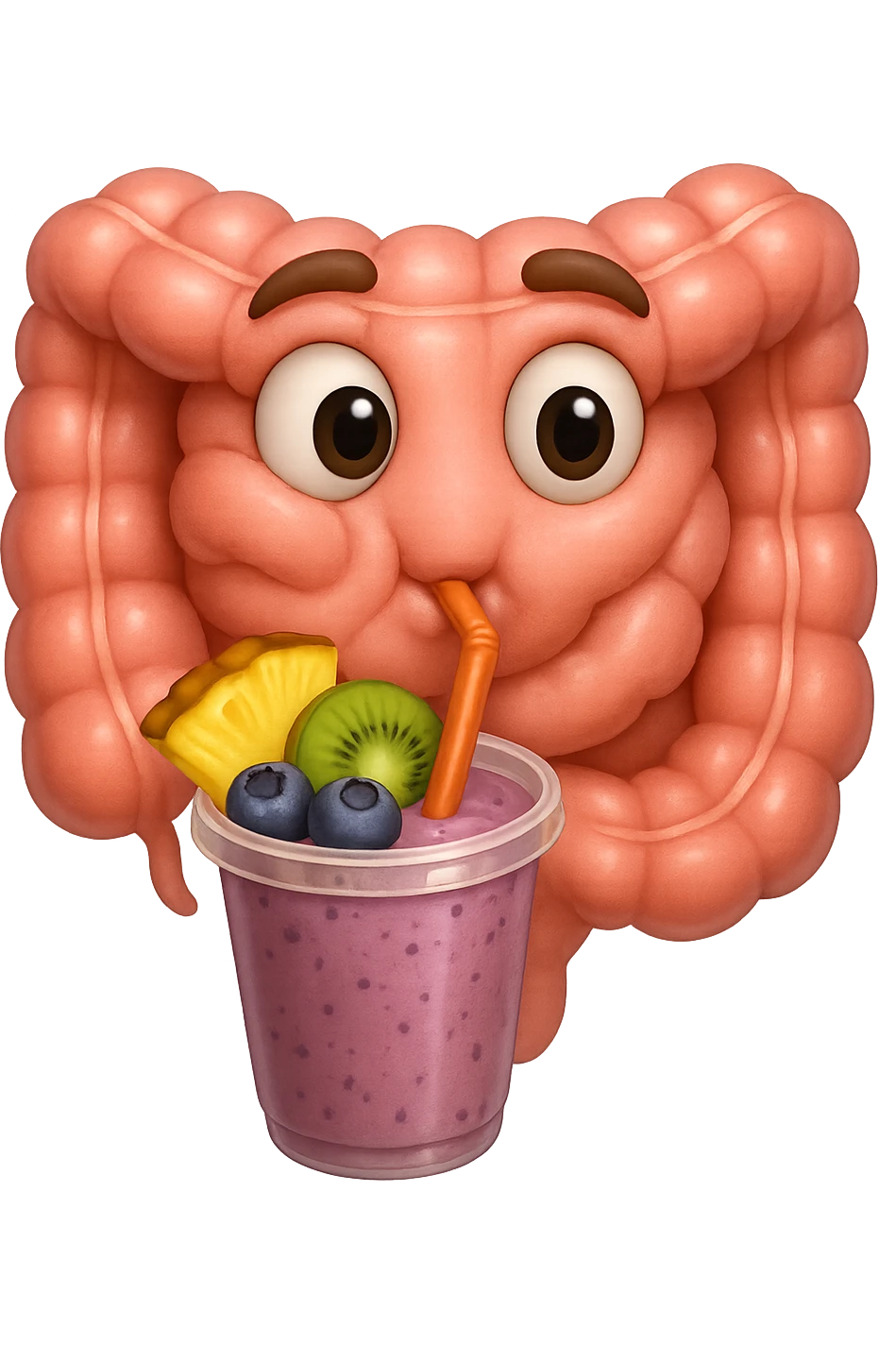 EMOJI STILE IPHONE DI un intestino umano anatomico che beve un frullato di mirtilli, ananas, kiwi, fagli anche la parte bianca degli occhi, non solo le pupille, REALISTICo 4K emoji