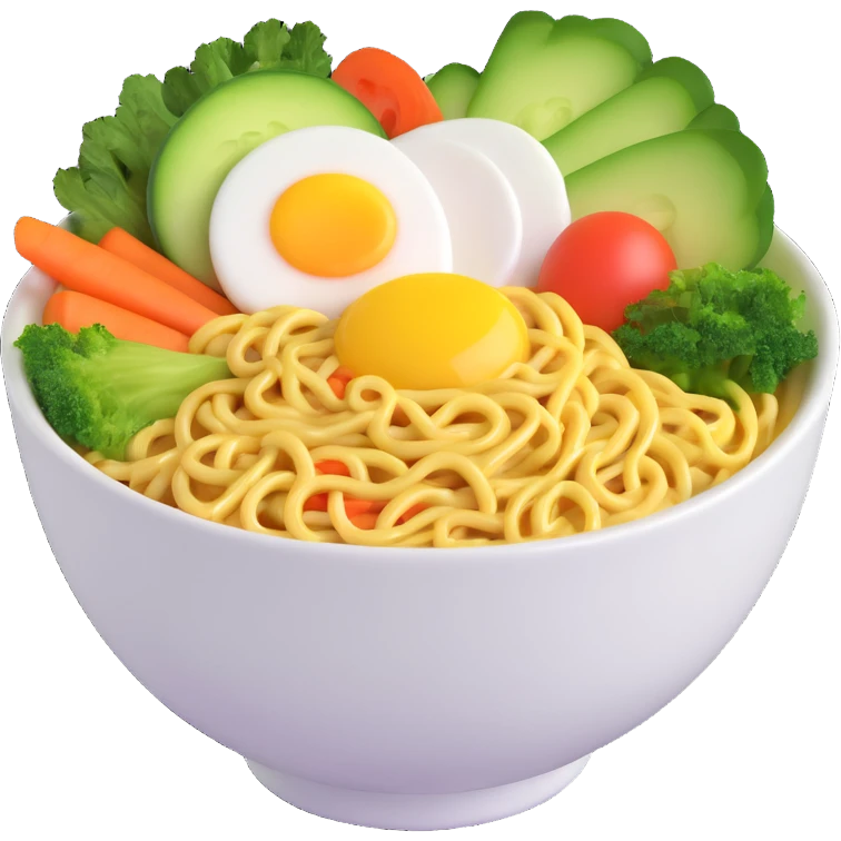 a bowl of instant noodles with egg and vegetables, vibrant, 3D emoji style emoji