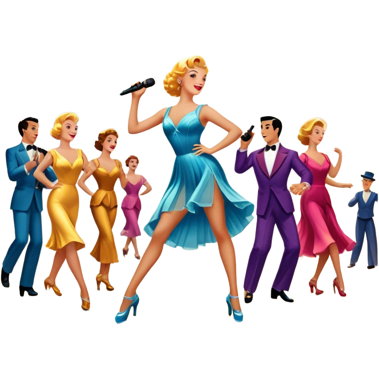 Vintage movie poster-style icon for a musical film. The cityscape glows in the background, evoking the golden era of musicals. A vibrant street scene with bright lights, dancers mid-step, a singer with a microphone among the skyscrapers. Transparent background. emoji