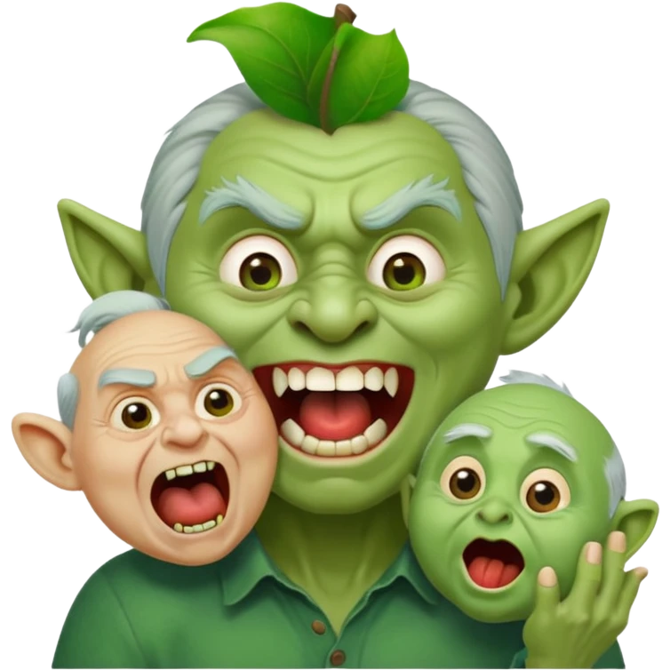 mischievous troll holding a small screaming old man, expressive faces, playful and exaggerated, apple emoji style emoji