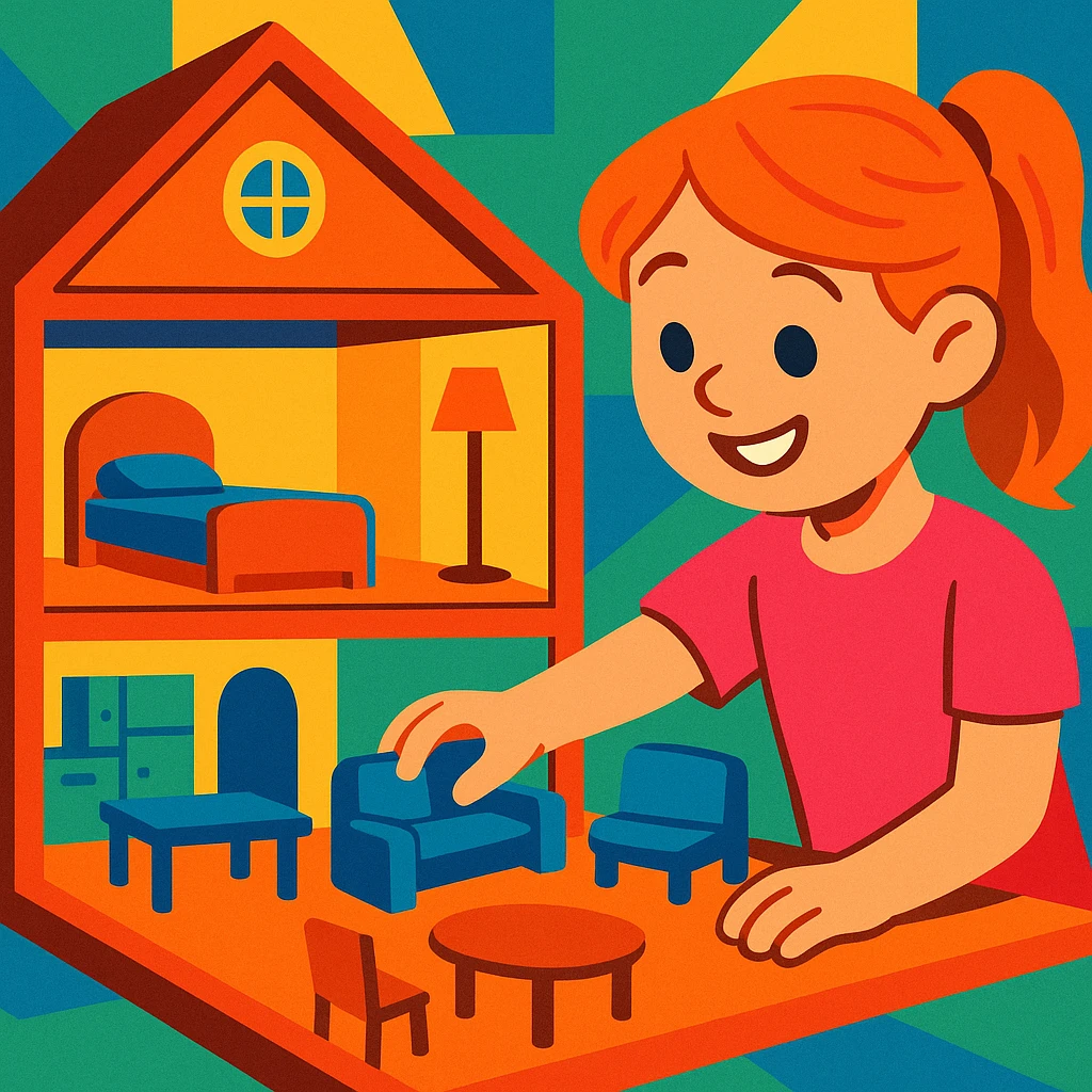 smiling girl arranging furniture in doll house emoji