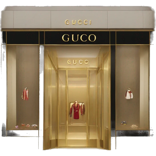“Gucci store exterior with gold logo above entrance, large glass windows displaying luxury fashion, and elegant double doors.” emoji