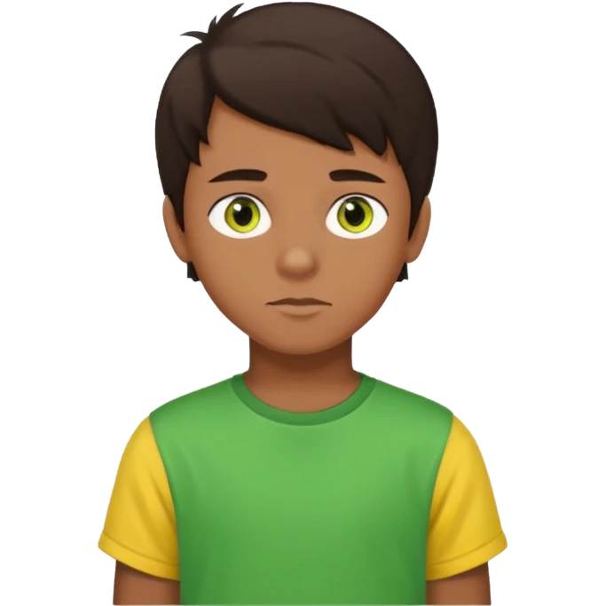 A portrait of a 14-year-old boy, he's got dark-brown hair, brownish skin and green hazel eyes. he's wearing a t-sirt with yellow sleeves. emoji