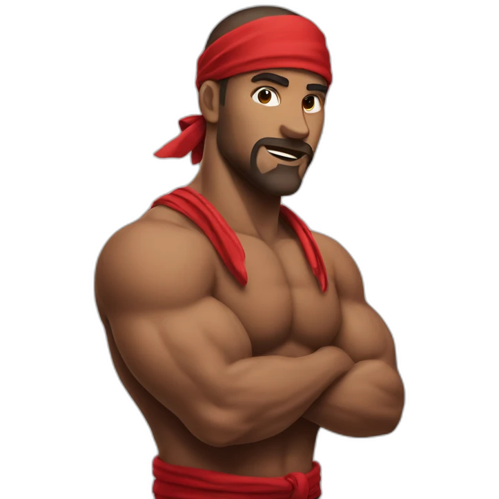 muscular man in red bandana standing sideways turns his head to the viewer,his left hand is bent in the elbow,torso emoji
