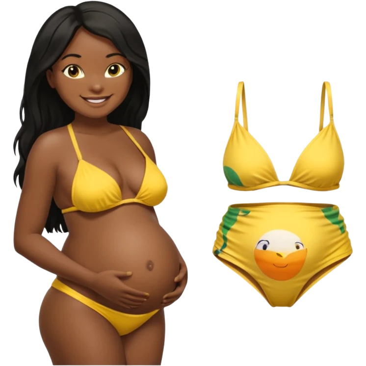 Dark skin african black girl long black hair, yellow bikini top, smiling, bare midriff, brown eyes, large round pregnant belly, yellow bikini bottoms, side view emoji