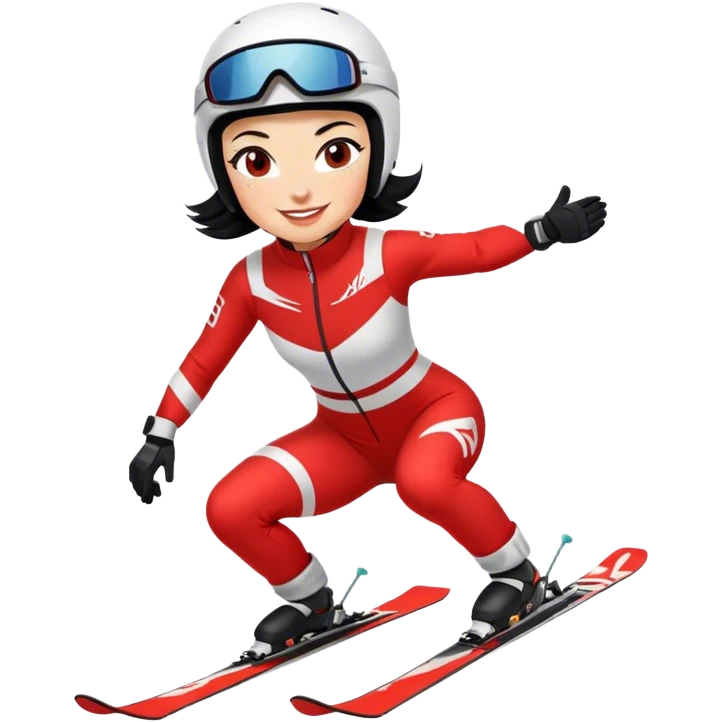 Ski racer downhill squat woman red white dress black hair smile emoji