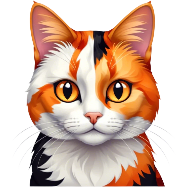 Cinematic Noble Calico Cat Portrait Emoji, Poised and regal, with a striking patchwork fur in vibrant orange, black, and white hues, delicate whiskers and a refined, focused gaze, simplified yet exquisitely detailed, glowing with a soft, moonlit radiance and an air of aristocratic elegance, high shine, exuding dignified intelligence and poised authority, soft glowing outline, capturing the essence of a watchful and noble calico cat that appears ready to grace the screen with effortless majesty! emoji