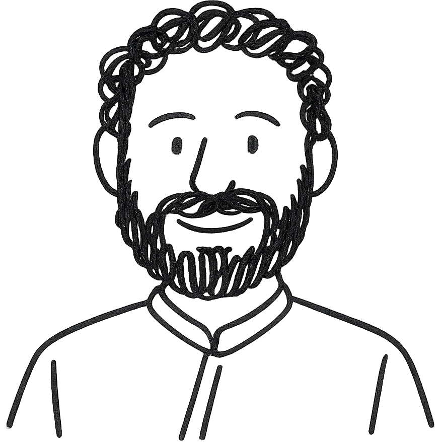 hand-drawn style portrait of a bearded man with curly hair, wearing a black traditional outfit, personal sketch, expressive lines, friendly face emoji