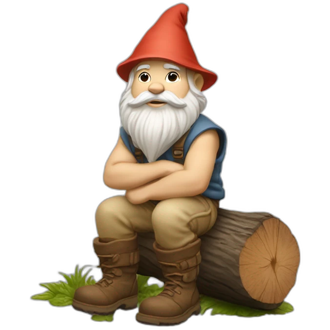side angle of gnome with light tan pants and light tan boots squatting in front of small brown log emoji