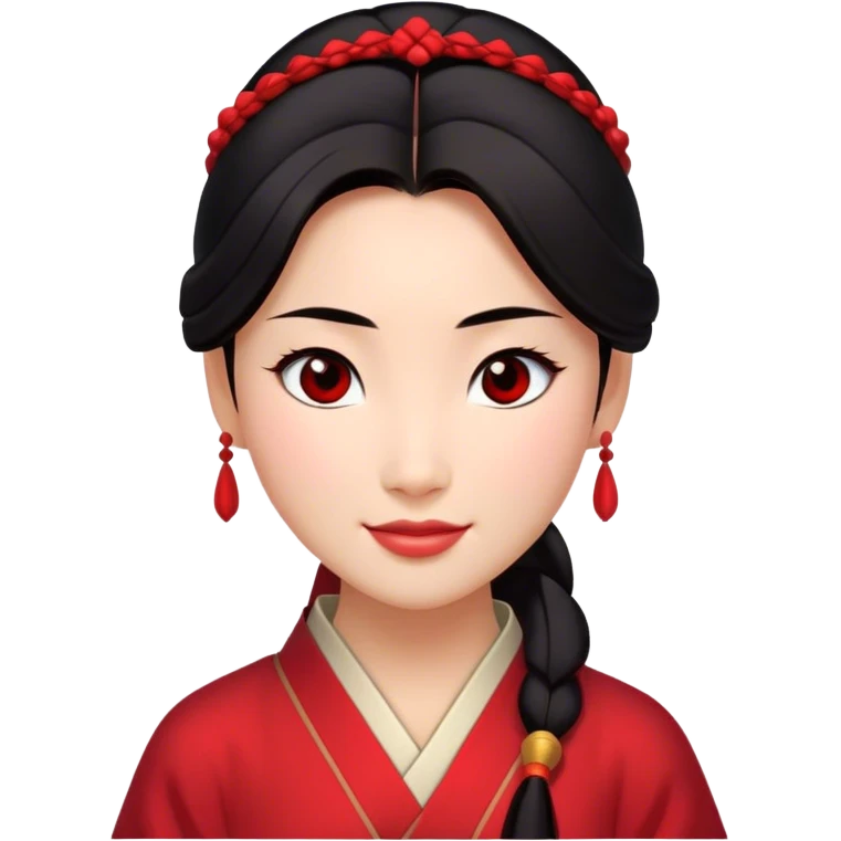 Cinematic Radiant Mulan Portrait Emoji, rendered in a realistic, vector-style with clean proportions. Show Mulan with a soft, confident smile, warm skin, and expressive eyes, her dark hair styled simply, and dressed in traditional clothing with understated red accents. The image radiates a gentle, luminous glow and high shine, accentuated by a soft glowing outline. emoji