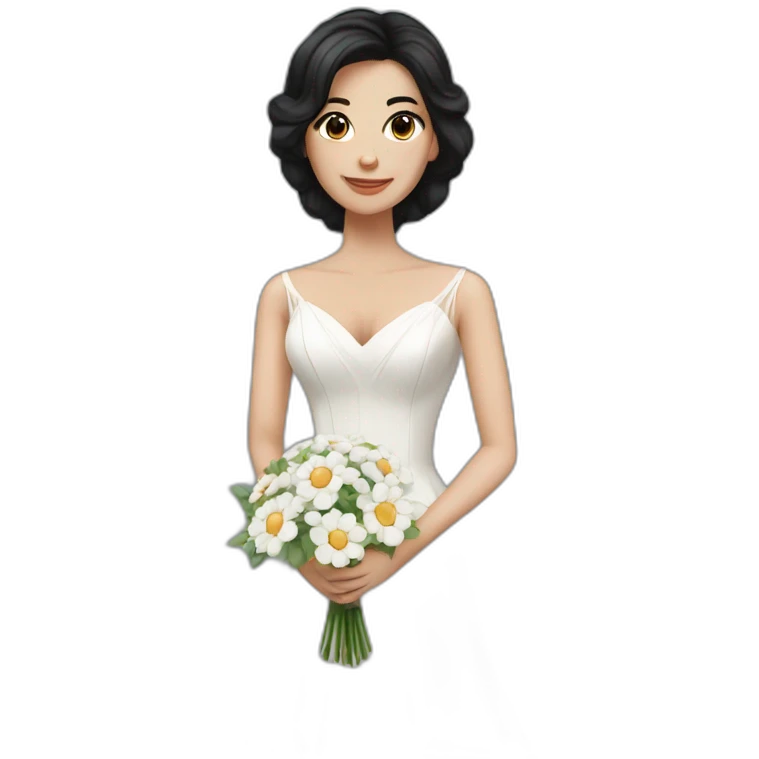 White bride with black hair and a long dress holding a bouquet of flowers emoji