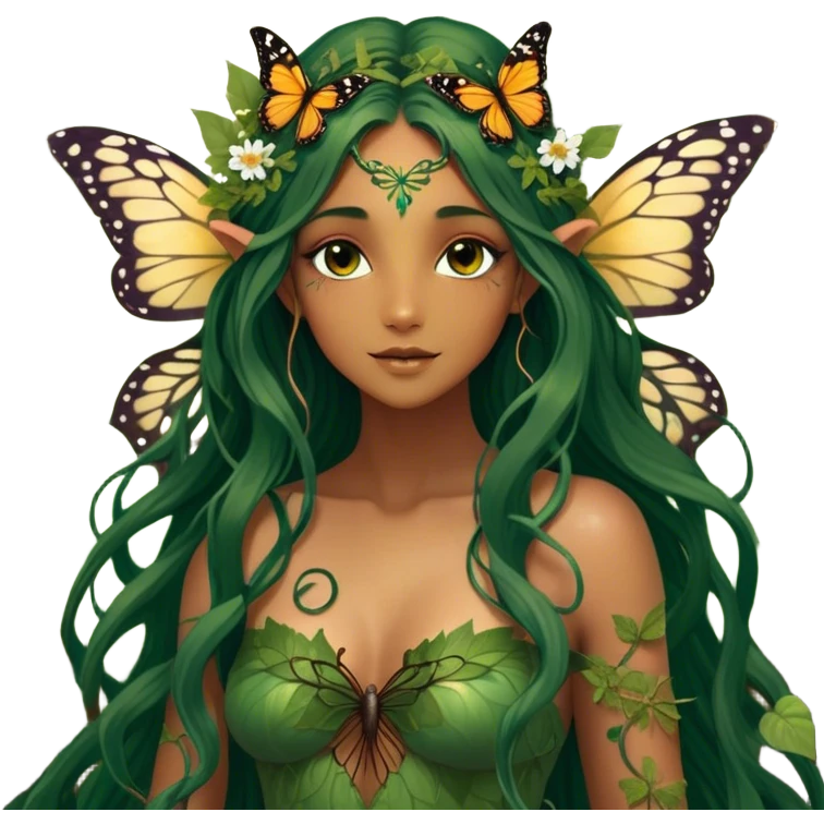 Cinematic Realistic Forest Nymph Fairy portrait, with butterfly wings and depicted with lifelike, sun-kissed tanned skin that radiates an earthy glow, softly illuminated by natural, dappled light. Her long, flowing dark green hair is intricately detailed and interwoven with delicate vines and wildflowers, while her deep, soulful eyes mirror the wisdom of the forest. Dressed in an attire inspired by nature’s palette—with subtle botanical motifs—the portrait exudes a soft, enchanted glow that melds realism with woodland magic. emoji
