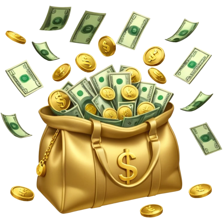 

3D emoji style, big bag of money, flying dollar bills, rich casino vibe, smooth lighting, high detail, clean edges, transparent background



 emoji