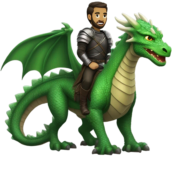Determined armored White Man with dark brown pompadour hair and a short beard riding on the back of a giant green dragon emoji