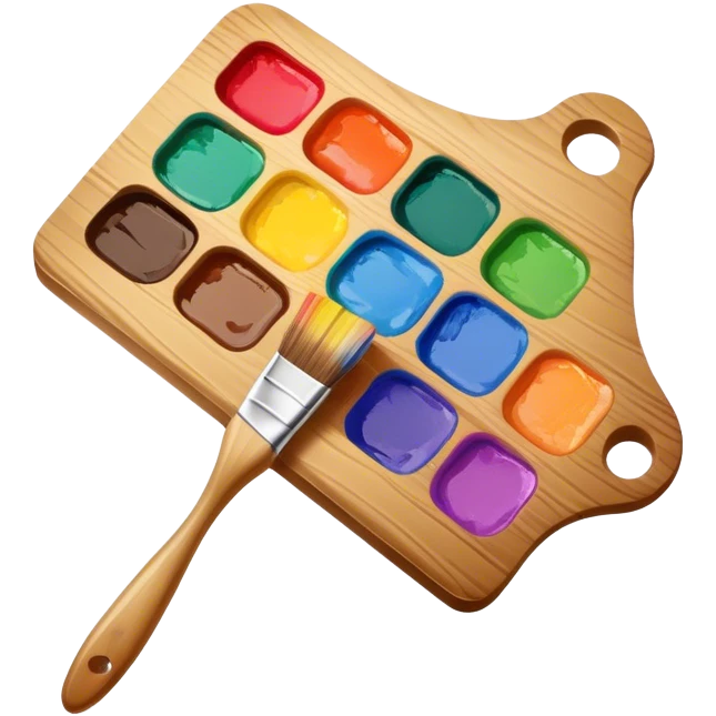 Cinematic Realistic image of a vibrant paint palette and brush, featuring a wooden palette smeared with an array of richly blended colors and a finely detailed brush with soft, delicate bristles, set against a softly textured background that evokes artistic inspiration emoji