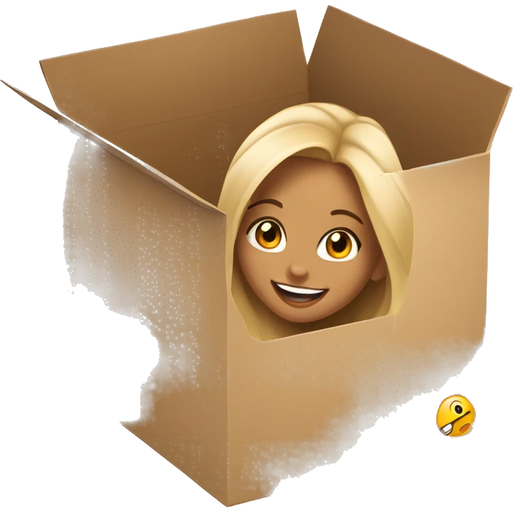 A beautiful woman with light-tan skin peeks cheerfully from an opening in a large cardboard box, her expression playful and inviting. emoji