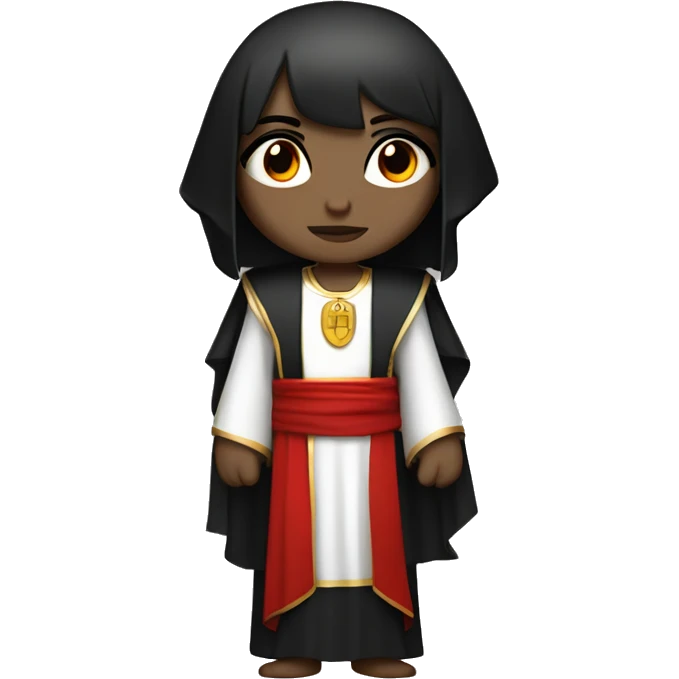 emo girl with black hair, red eyes, dressed as a priest with flowing robes, wearing a pharaoh headdress in black and red emoji