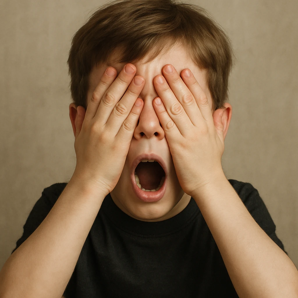 white boy with brown hair, shocked face, hands over eyes, black shirt, front view emoji