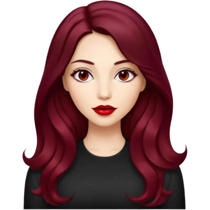 young glamorous woman 
Long waist-long hair
centre part
slightly wavy
dark burgundy hair 
 emoji