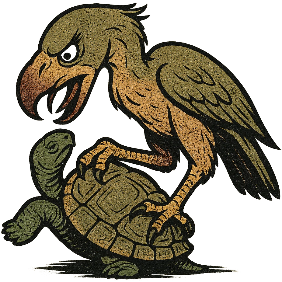 an insignia for a flag: a strange foreign alien bird creature, resembling a prehistoric phorusrhacos, gripping a upturned tortoise with a claw with its' beak tearing down into it
 emoji