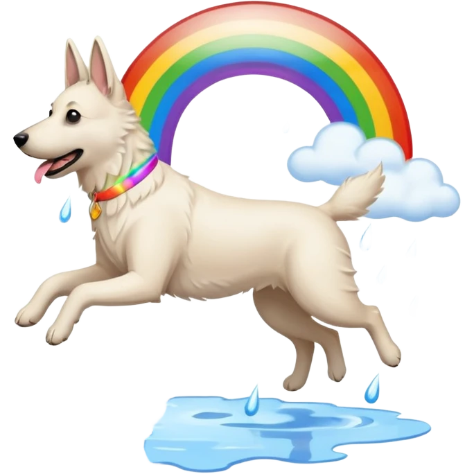 White belgian Shepard jumping over Rain puddles. There is a rainbow in the sky emoji