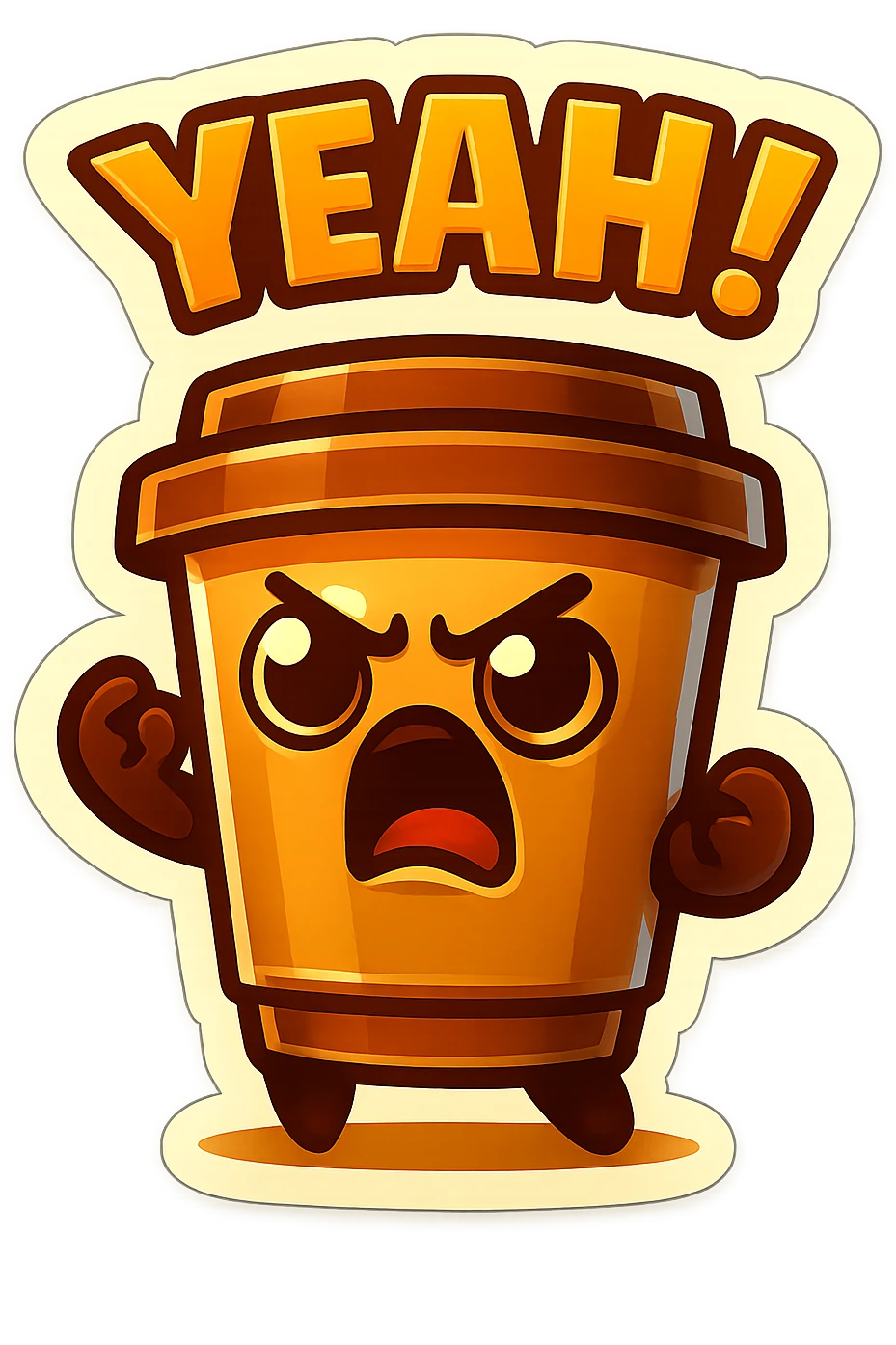 Tall coffee cup, eyebrow furrow, yelling "YEAH!" emoji