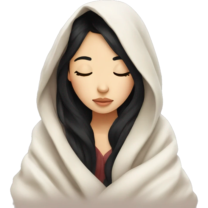 Asian girl inside a blanket sipping coffee eyes closed black hair emoji