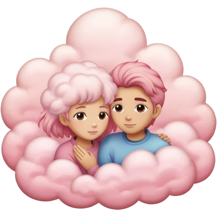 Two people embracing on pink clouds, their faces hidden, with wheat-toned skin. The clouds should be fluffy and pink, resembling cotton candy, like something out of a fairytale world. emoji