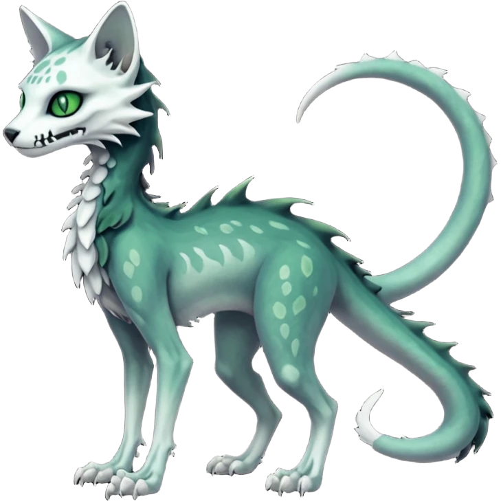Scaley Macabre spectral spooky dark bleak blackish swampy white-skeletal gloomy ghostly dark greyish dark-deep-greenish foggy eldritch beautiful realistic edgy fantasy ghoul-like stitched feline-vernid-sergal-fursona animal creature with a tufted tail full body with intricate markings  emoji