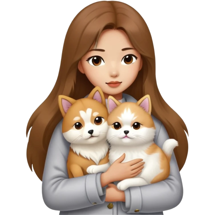 A Chinese fashion girl with brown hair, wearing a light gray fur coat, hugging a Shiba Inu and a long-haired white Persian cat. emoji