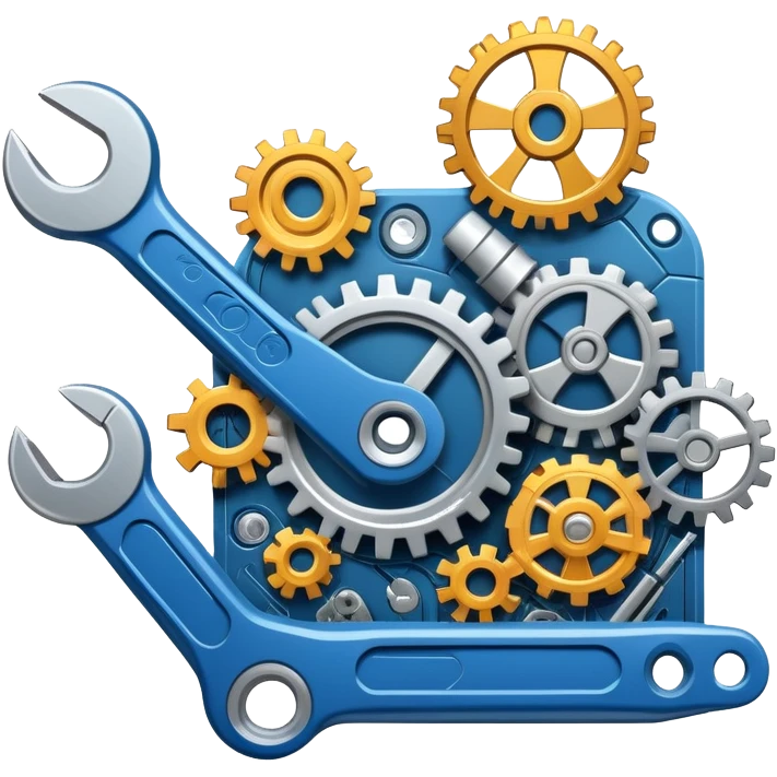 An icon featuring gears, a wrench, and a blueprint, symbolizing engineering. The design includes a mechanical arm, circuit boards, and construction tools, representing innovation, problem-solving, and technological advancement. Transparent background highlights the science of design emoji
