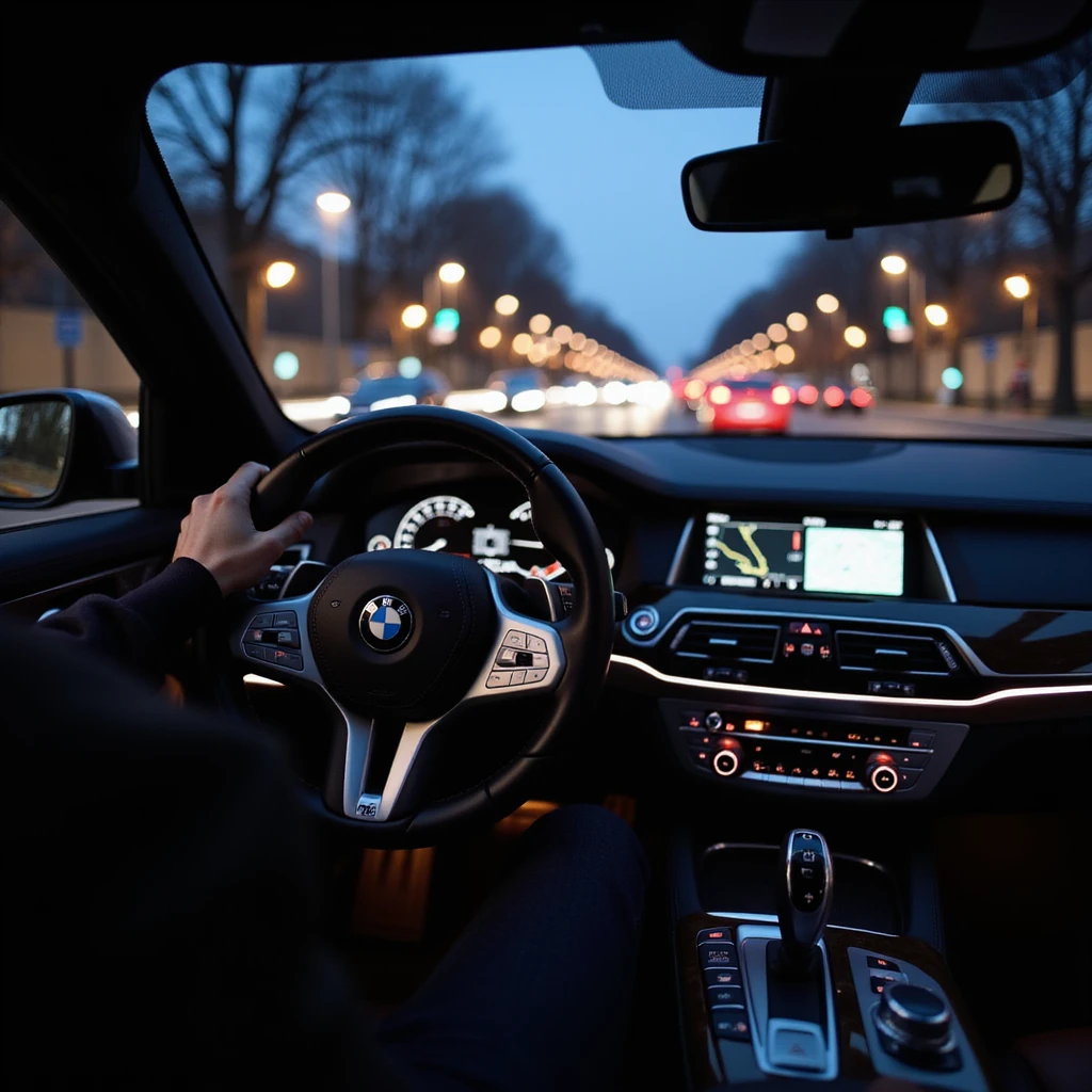BMW Series 7 2024, interior cockpit view at night, Bucharest city lights visible, one hand on steering wheel, motion blur effect, photorealistic emoji