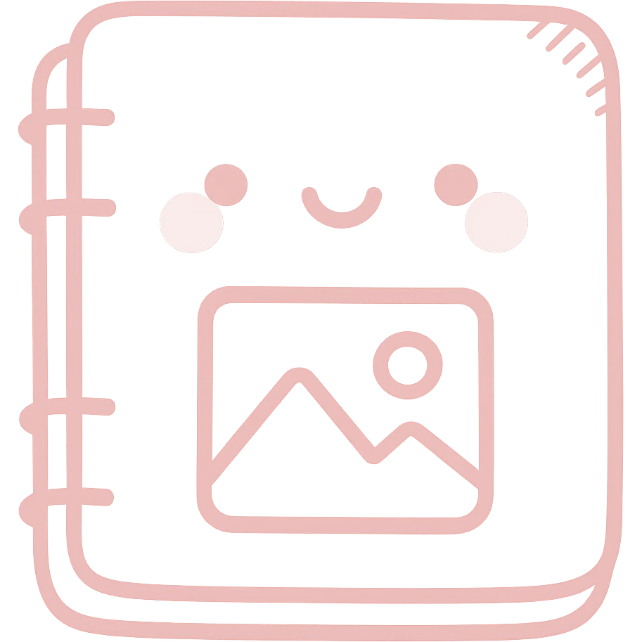 Create a soft and cute photo album/gallery icon in Japanese hand-drawn style with a pink theme, matching the reference style, suitable for a mobile home screen. Transparent background. emoji