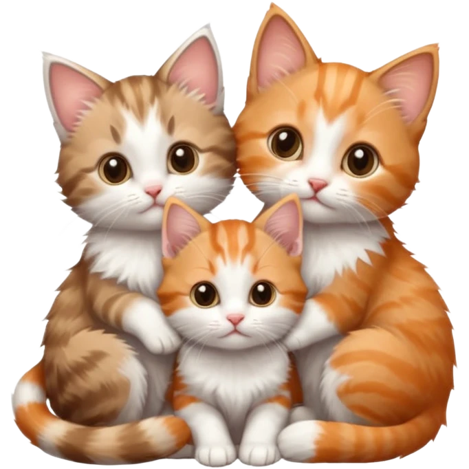 3 tiny kittens cuddling together all different colours, the first one is grey and white, the second is ginger and white and the third is brown tabby and white emoji