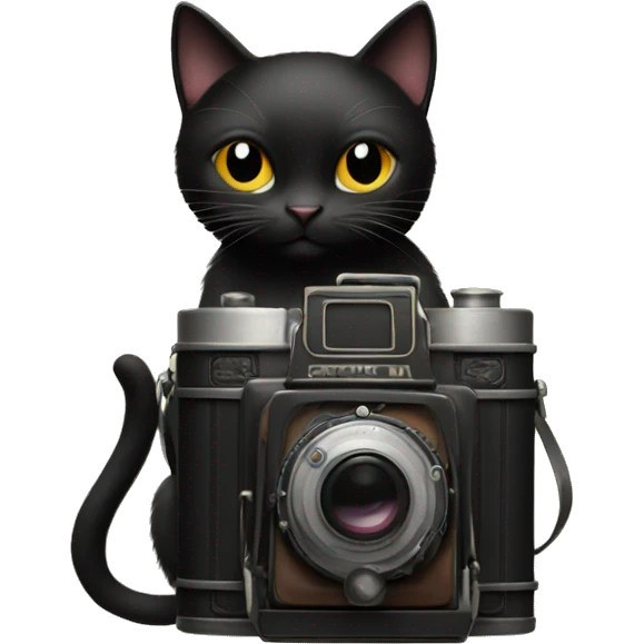 a black cat holding a vintage film camera emoji