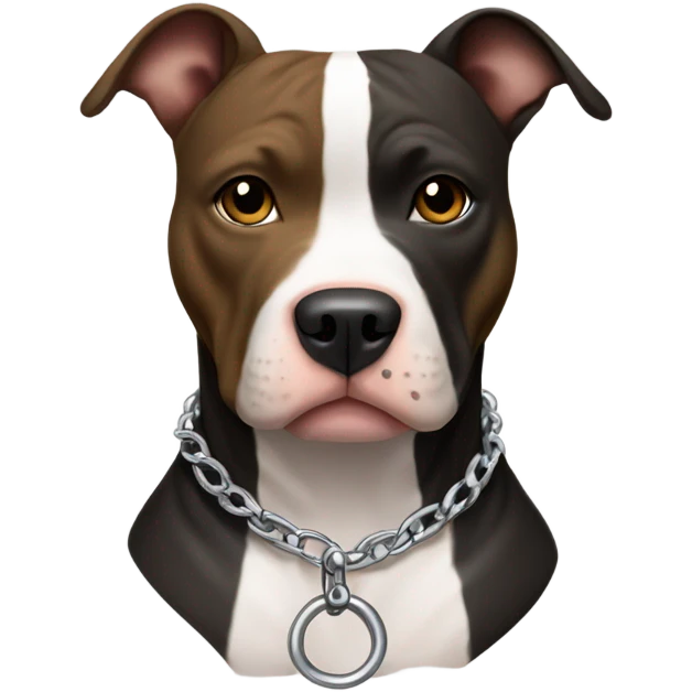 American pitbull terrier with a black and brown striped coat and white down middle of his face and chest. He has a silver chain link collar emoji
