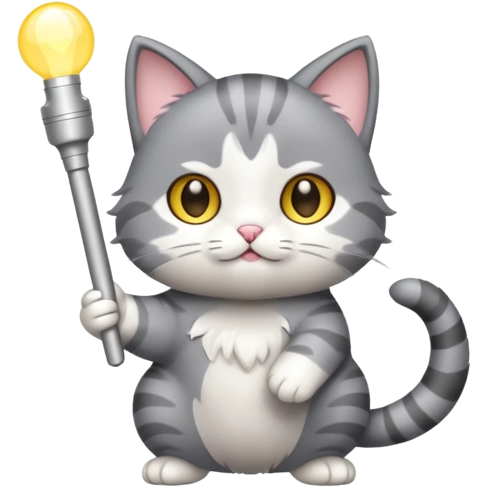 chibi cute gray cat holding a light stick happily emoji