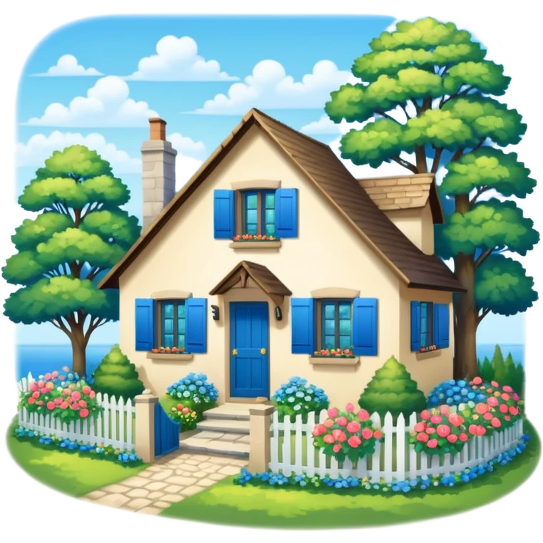 A summer cottage with blue shutters, bright flowers, green trees surround it, Kinkade style artwork.  emoji