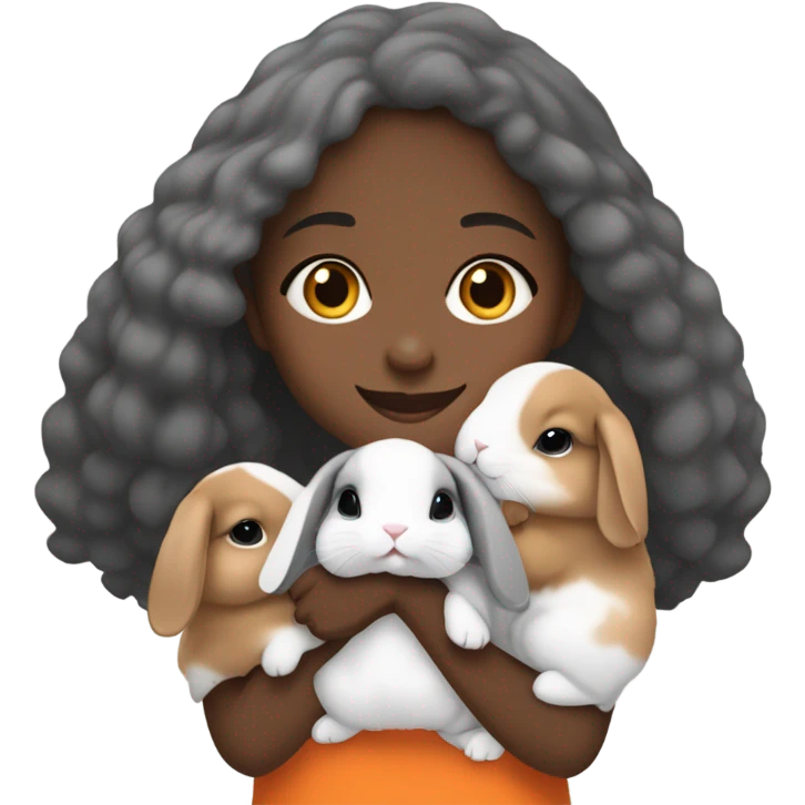 Black Muslim girl holding her 3 cute orange, gray, and mix colored holland lop bunnies emoji