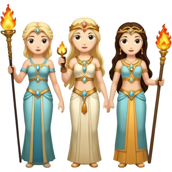 Three goddesses. one with a torch facing right,  one with a torch facing left, one in the center with a key. emoji