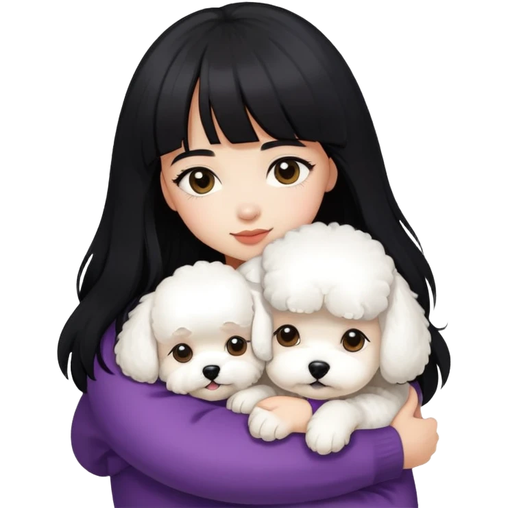 A beautiful girl with long black hair and bangs hugs a super small Bichon Frise emoji
