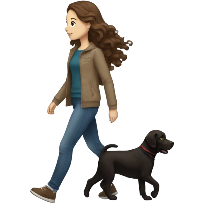 White girl with wavy brown hair walking a black Labrador emoji